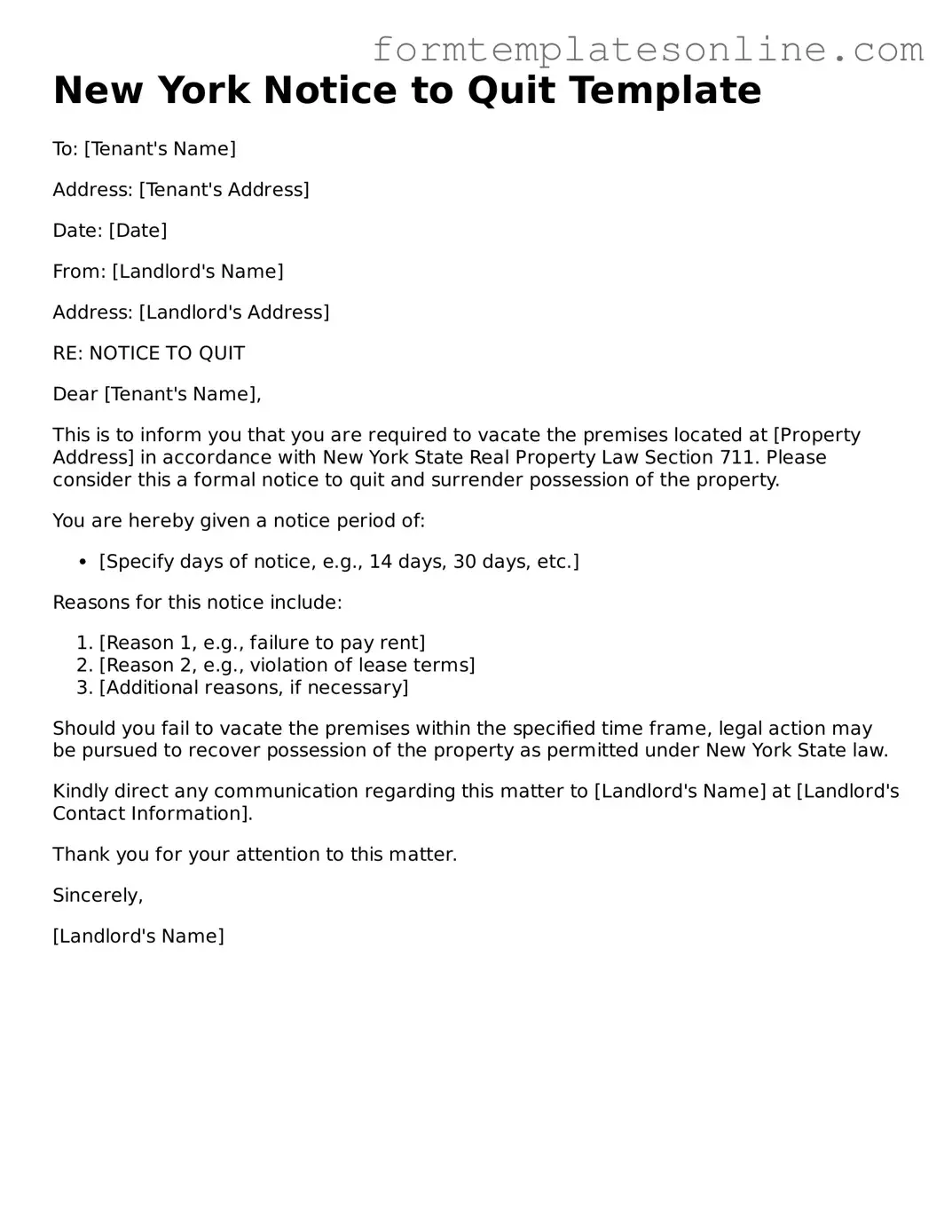 Valid  Notice to Quit Form for New York