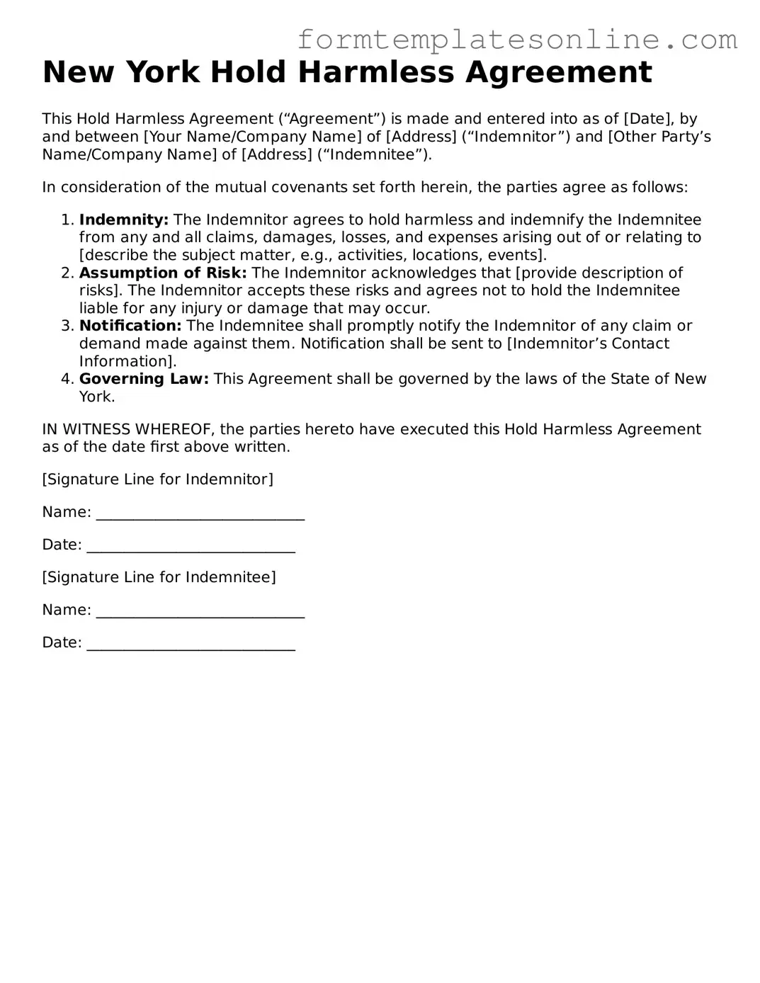 Valid  Hold Harmless Agreement Form for New York