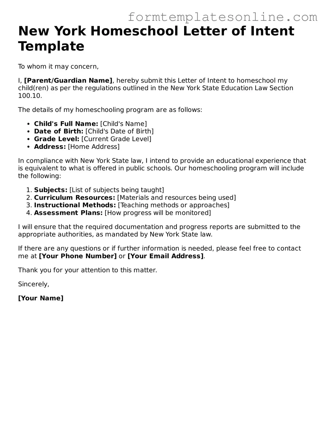 Valid  Homeschool Letter of Intent Form for New York