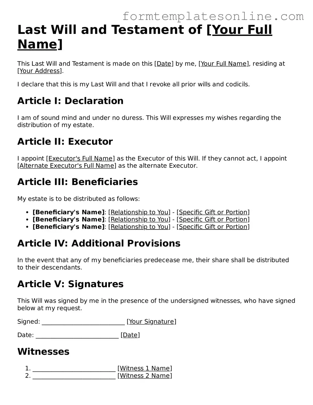 Valid  Last Will and Testament Form for New York
