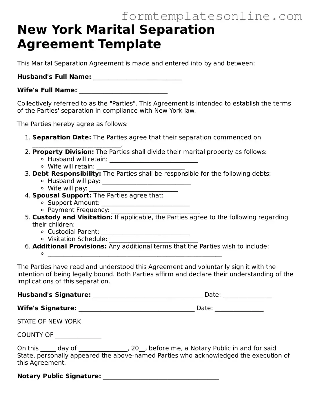 Valid  Marital Separation Agreement Form for New York