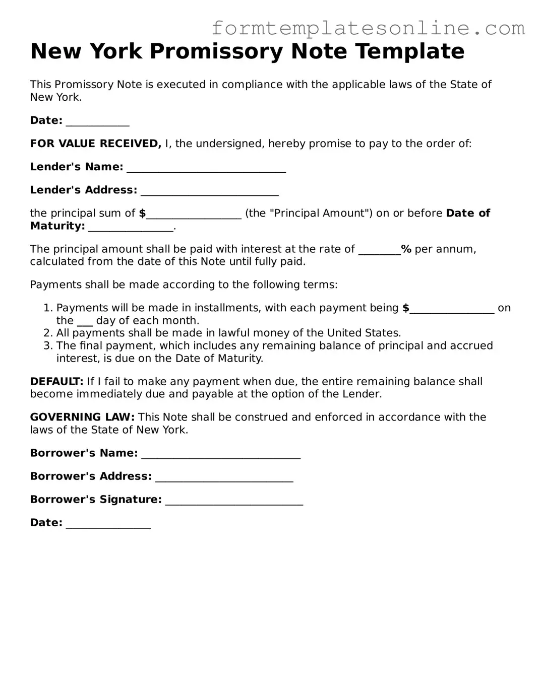 Valid  Promissory Note Form for New York