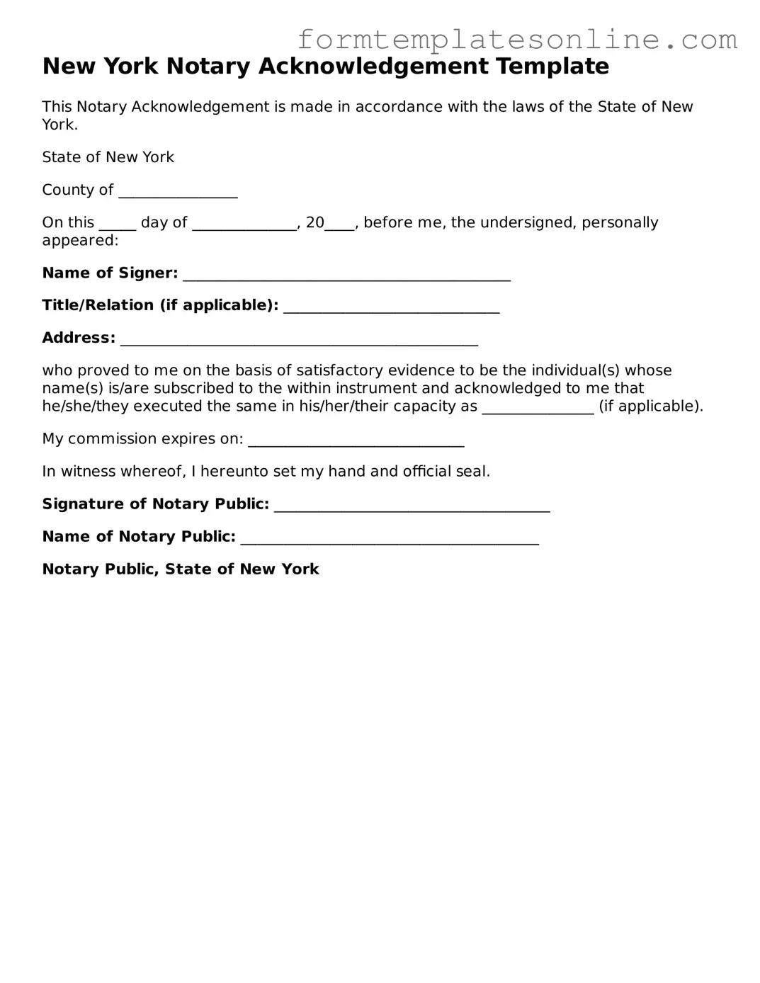 Valid  Notary Acknowledgement Form for New York