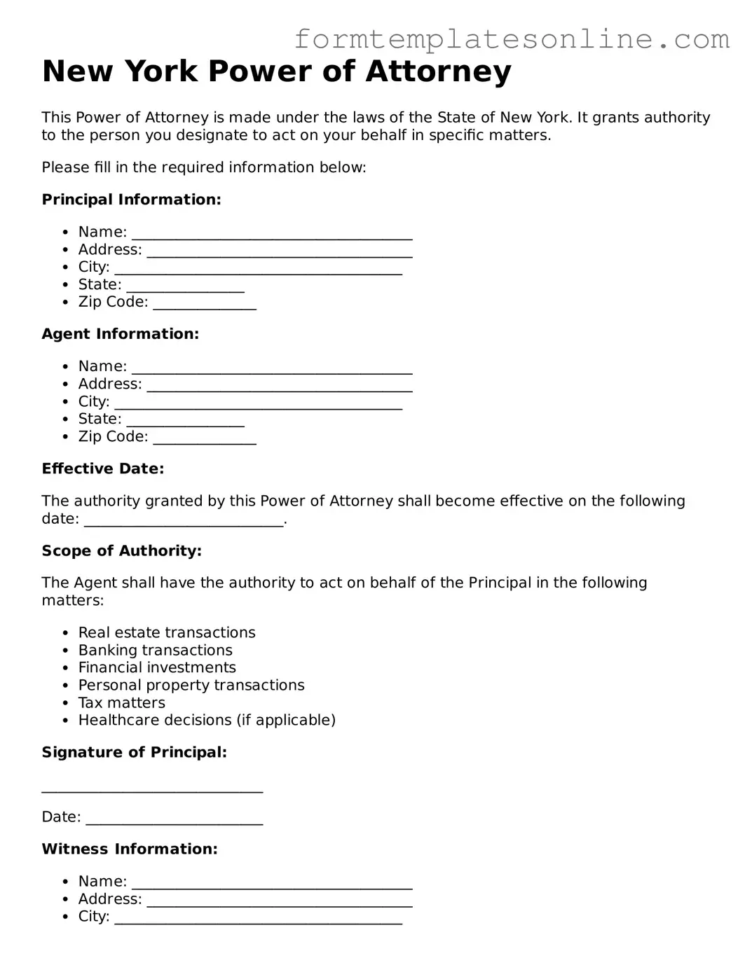 Valid  Power of Attorney Form for New York