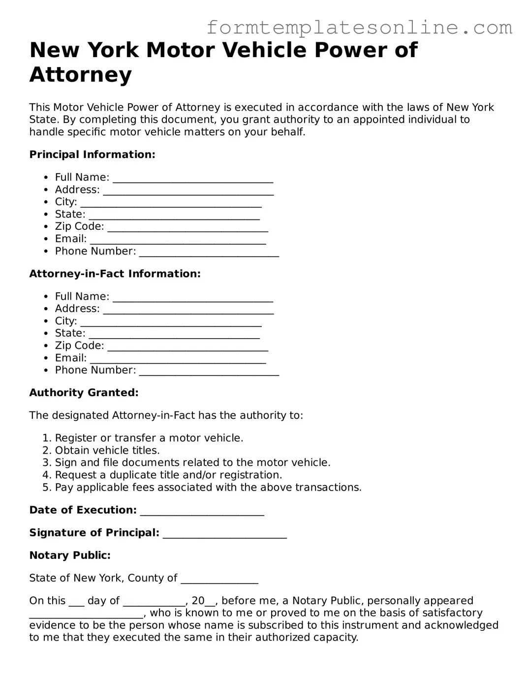 Valid  Motor Vehicle Power of Attorney Form for New York