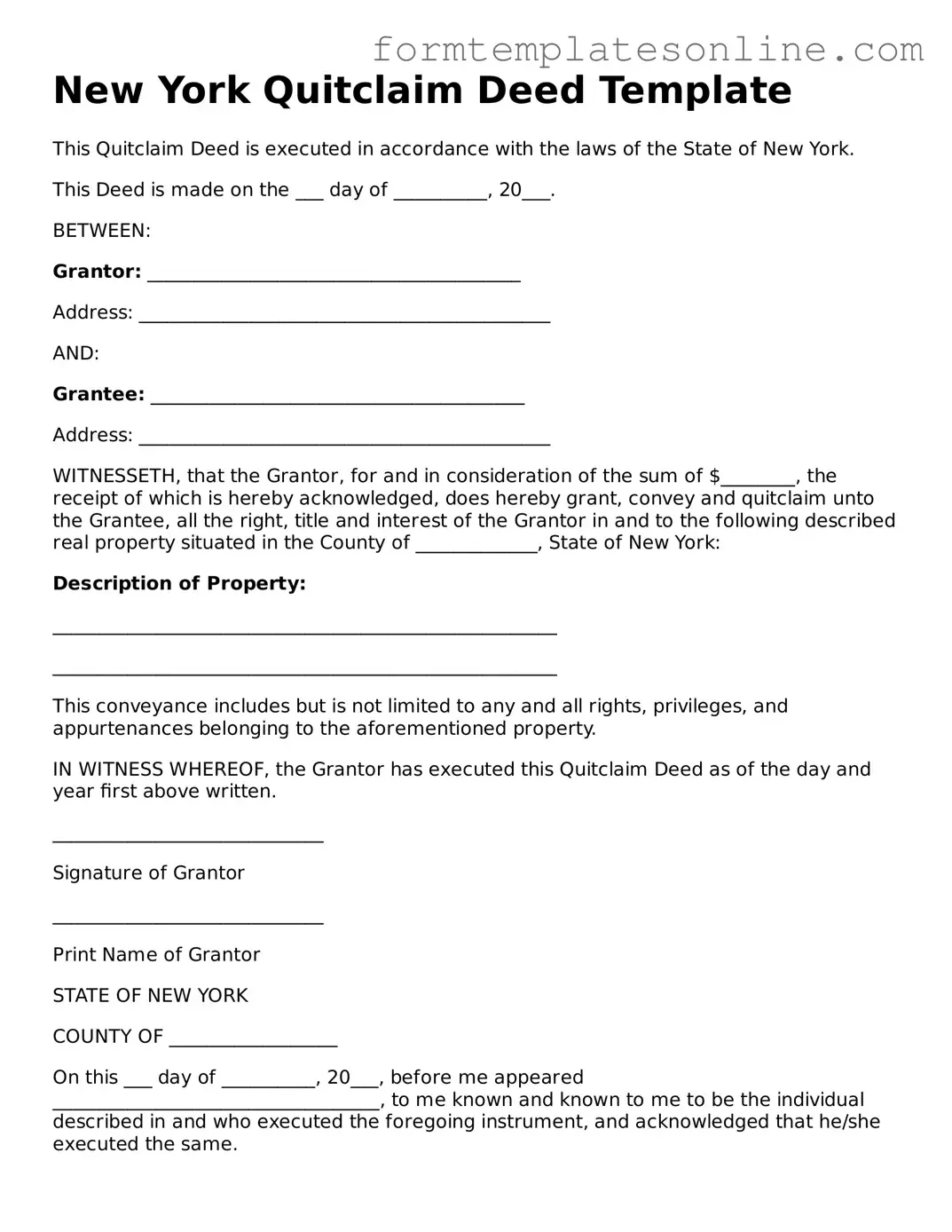 Valid  Quitclaim Deed Form for New York