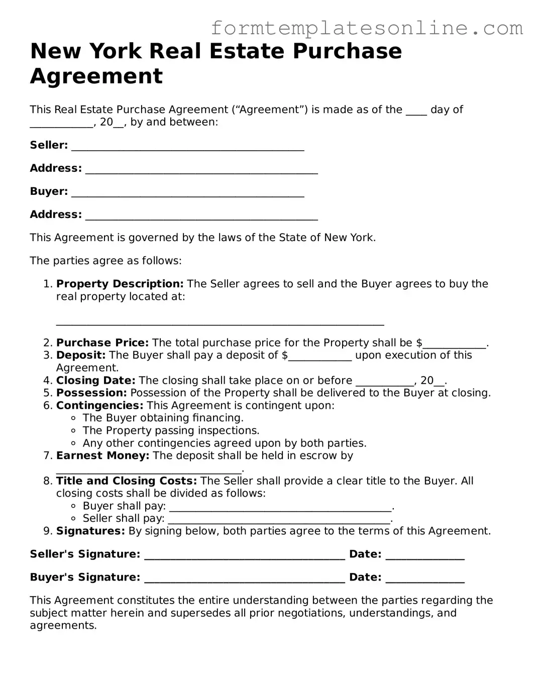 Valid  Real Estate Purchase Agreement Form for New York
