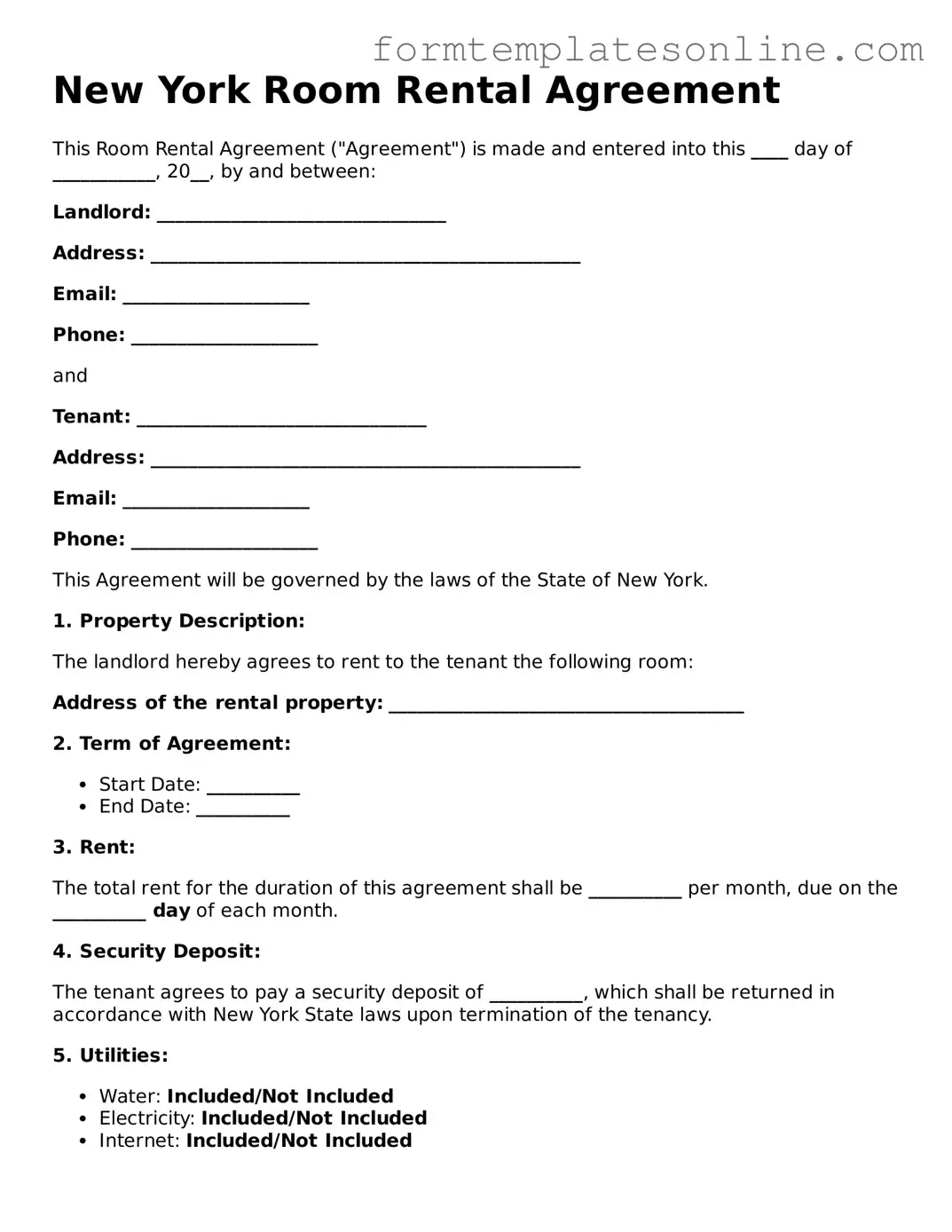 Valid  Room Rental Agreement Form for New York