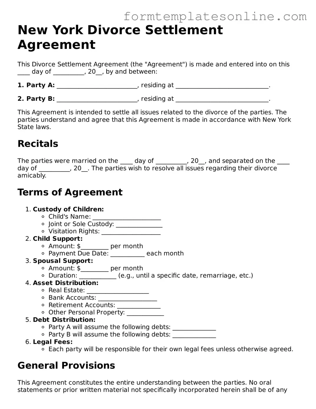 Valid  Divorce Settlement Agreement Form for New York