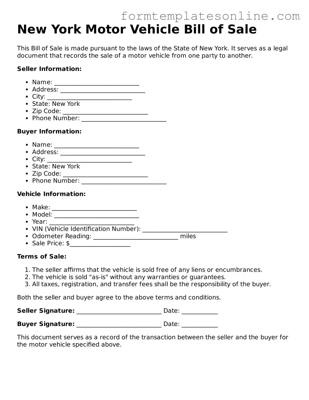 Valid  Motor Vehicle Bill of Sale Form for New York