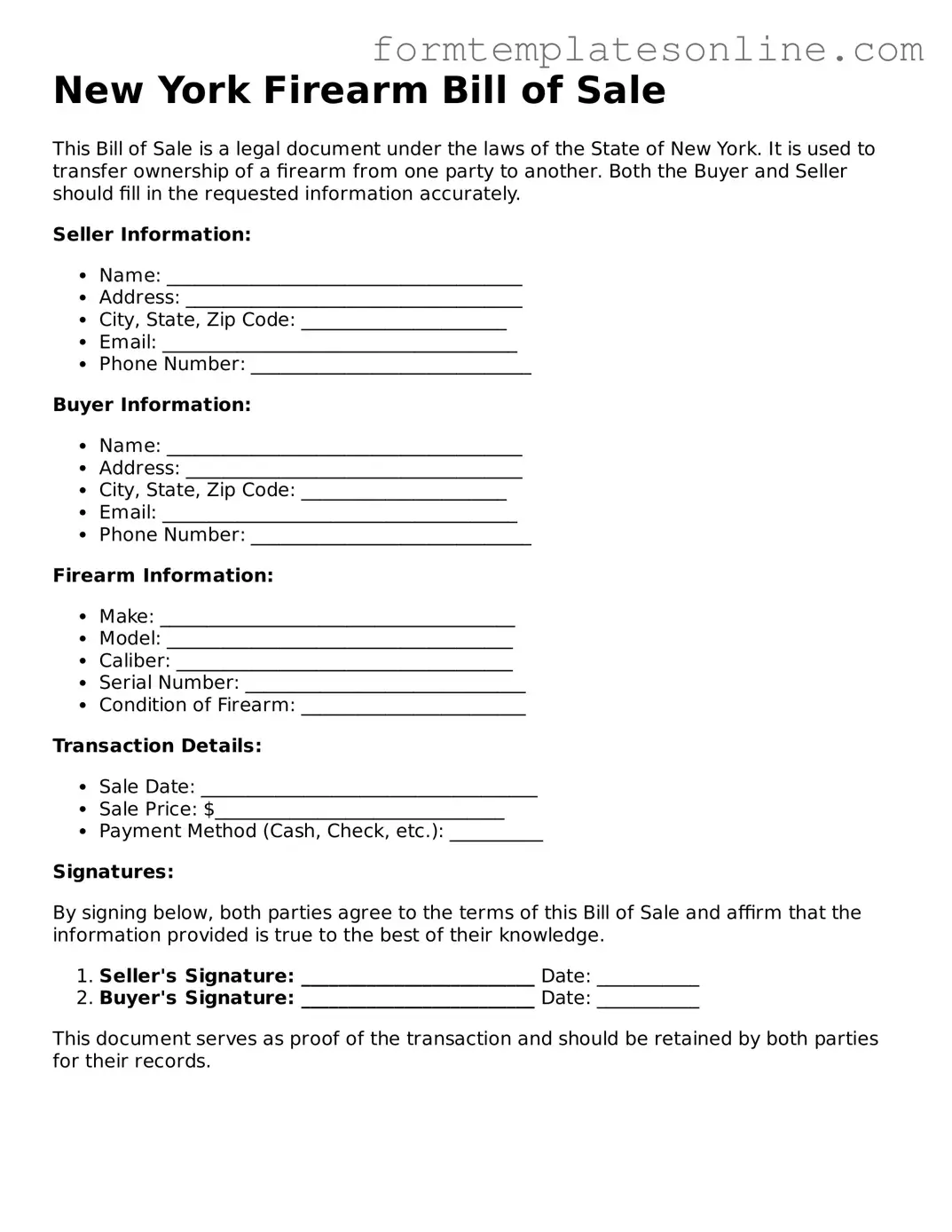 Valid  Firearm Bill of Sale Form for New York