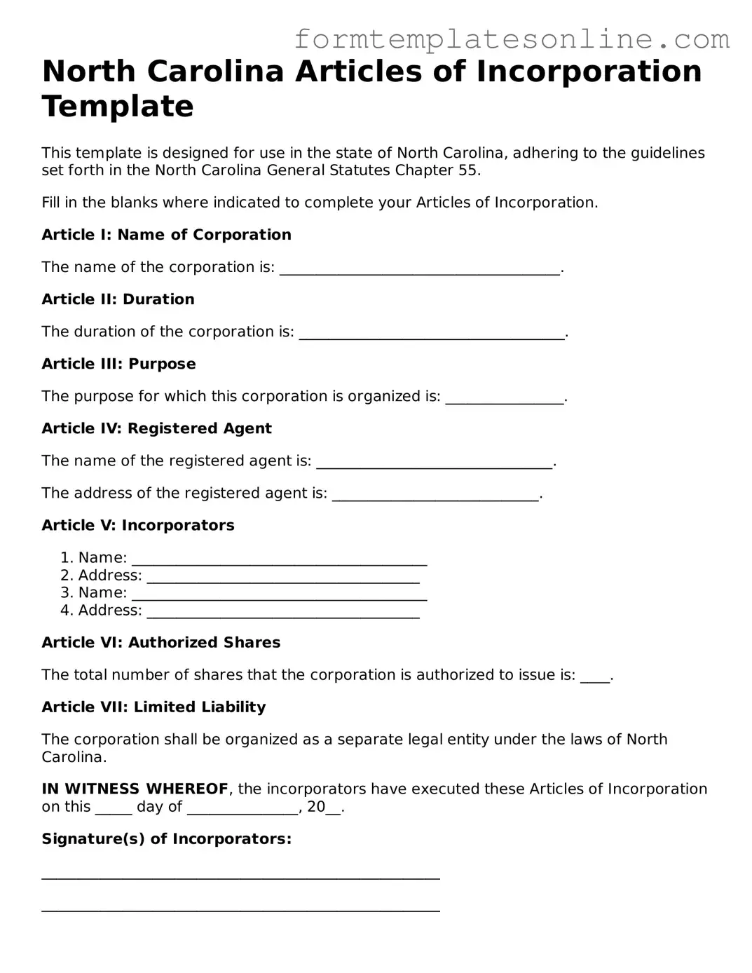 Valid  Articles of Incorporation Form for North Carolina