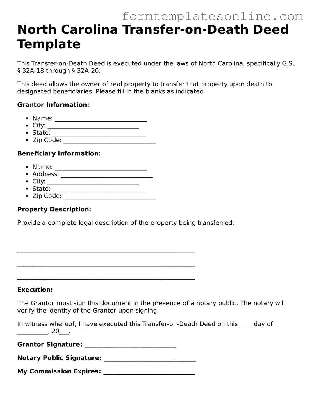 Valid  Transfer-on-Death Deed Form for North Carolina