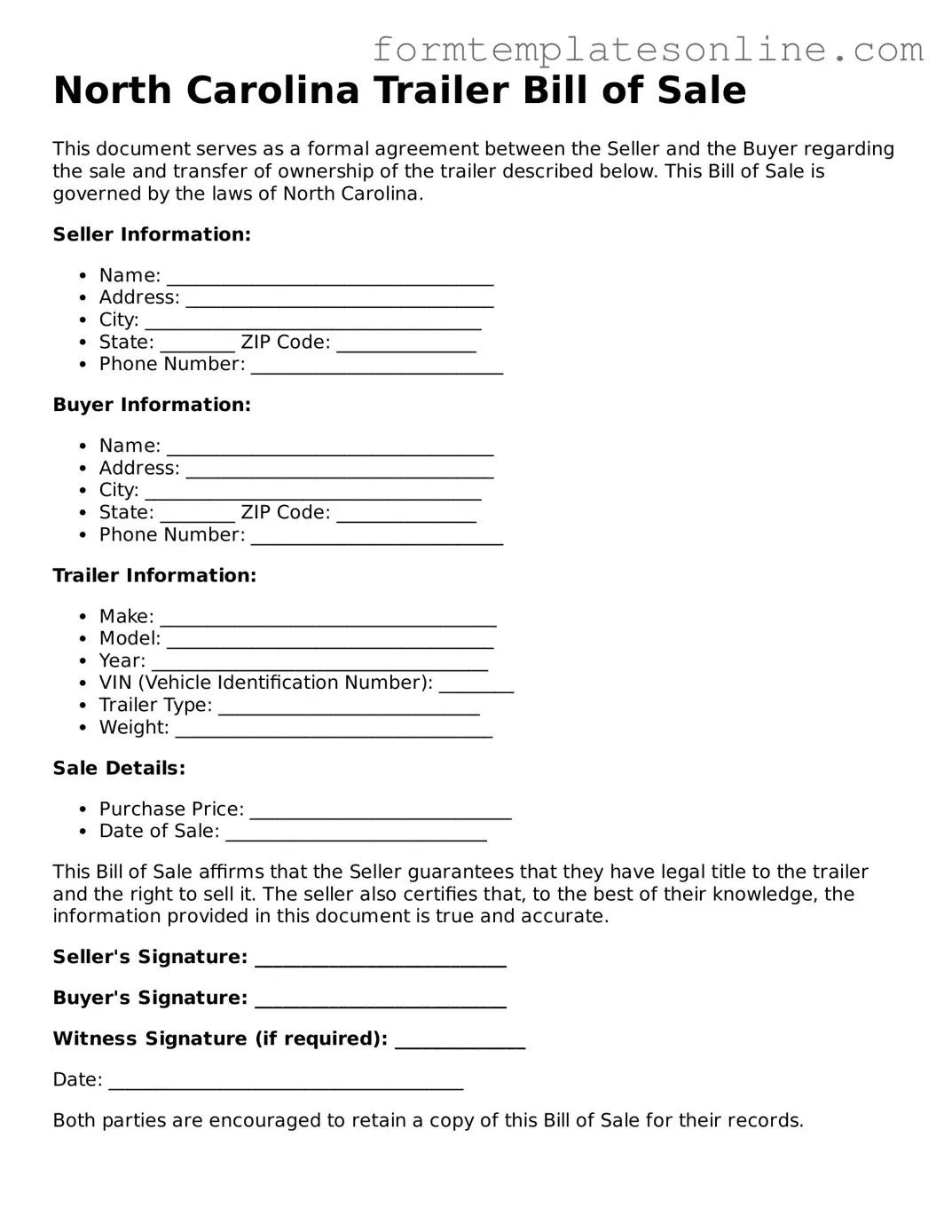 Valid  Trailer Bill of Sale Form for North Carolina