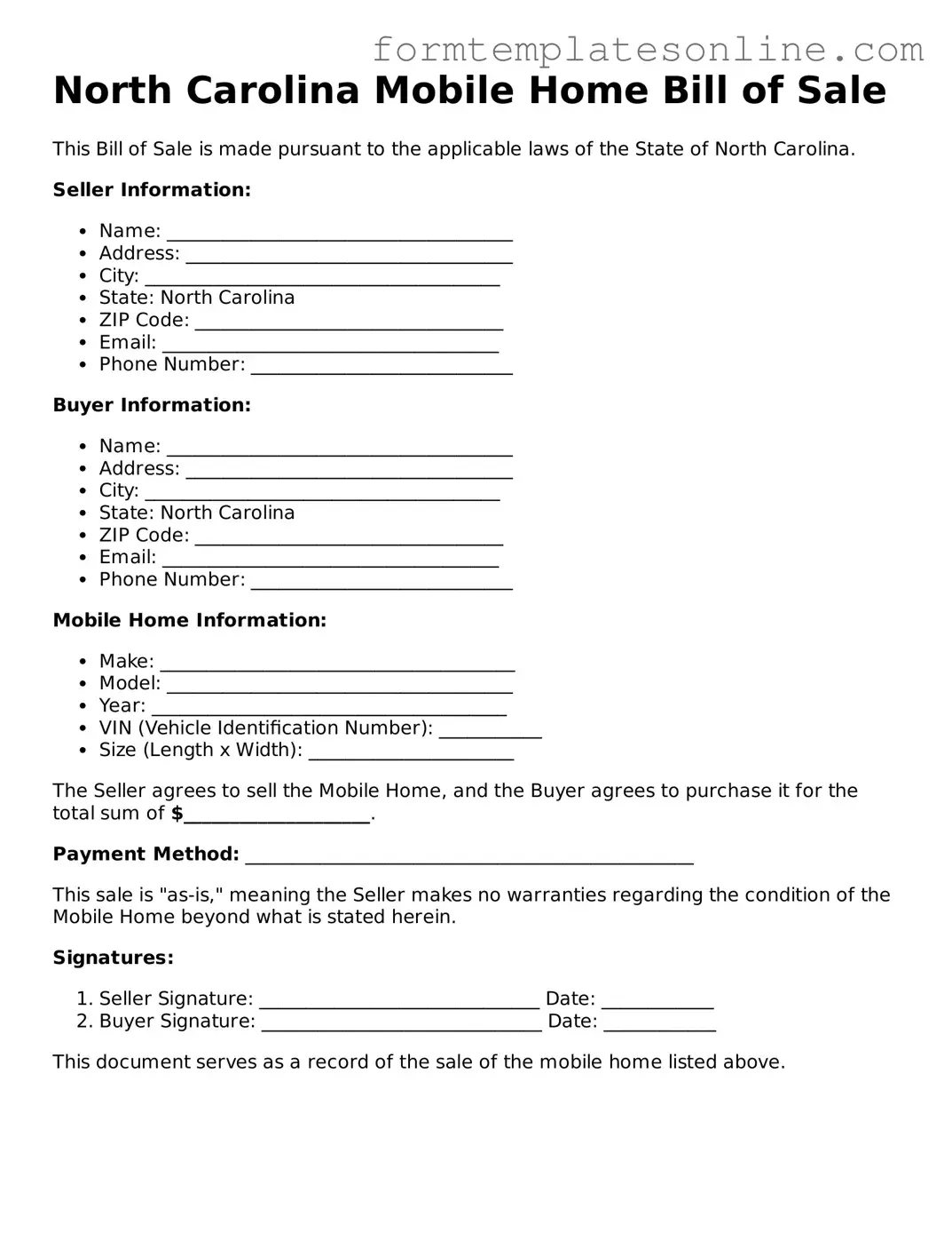 Valid  Mobile Home Bill of Sale Form for North Carolina