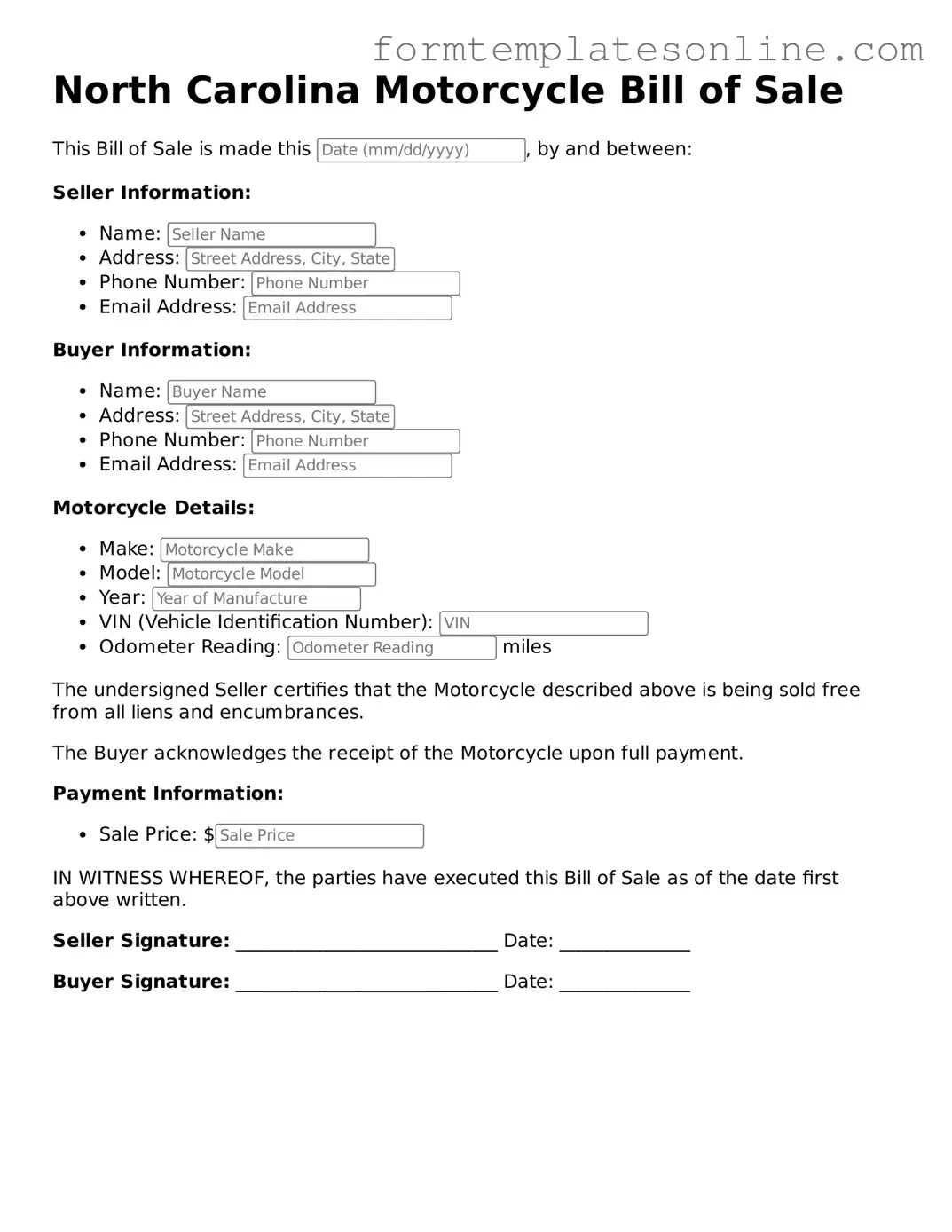 Valid  Motorcycle Bill of Sale Form for North Carolina
