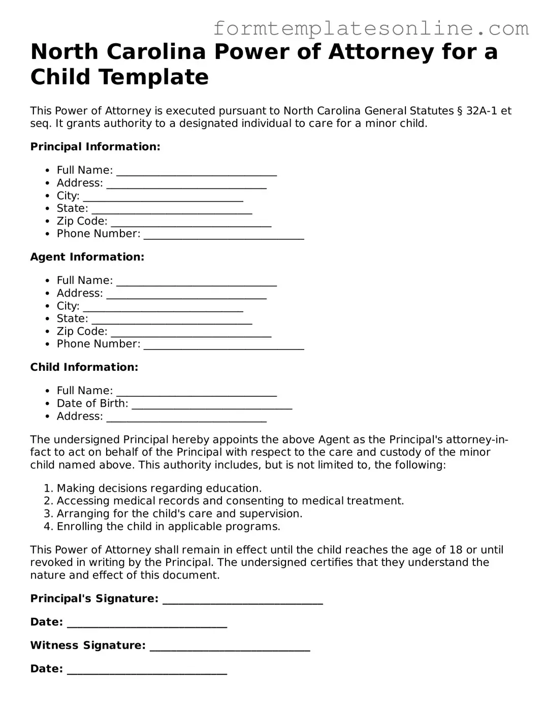 Valid  Power of Attorney for a Child Form for North Carolina