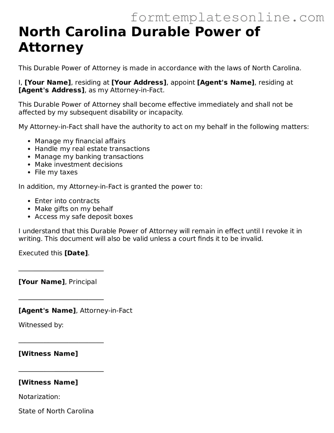 Valid  Durable Power of Attorney Form for North Carolina
