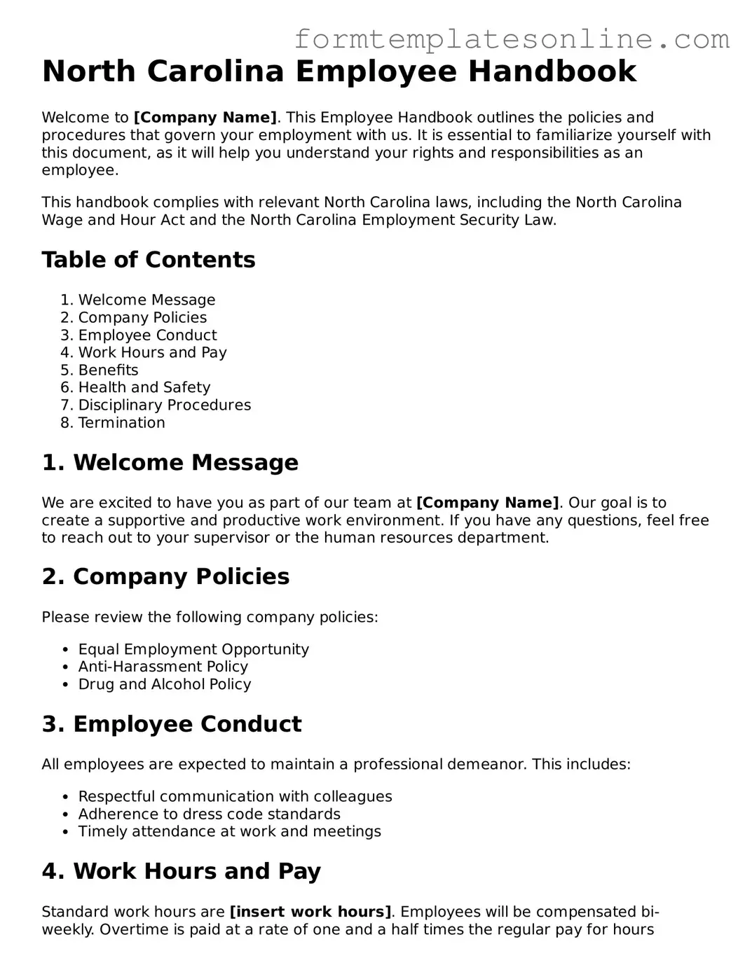 Valid  Employee Handbook Form for North Carolina
