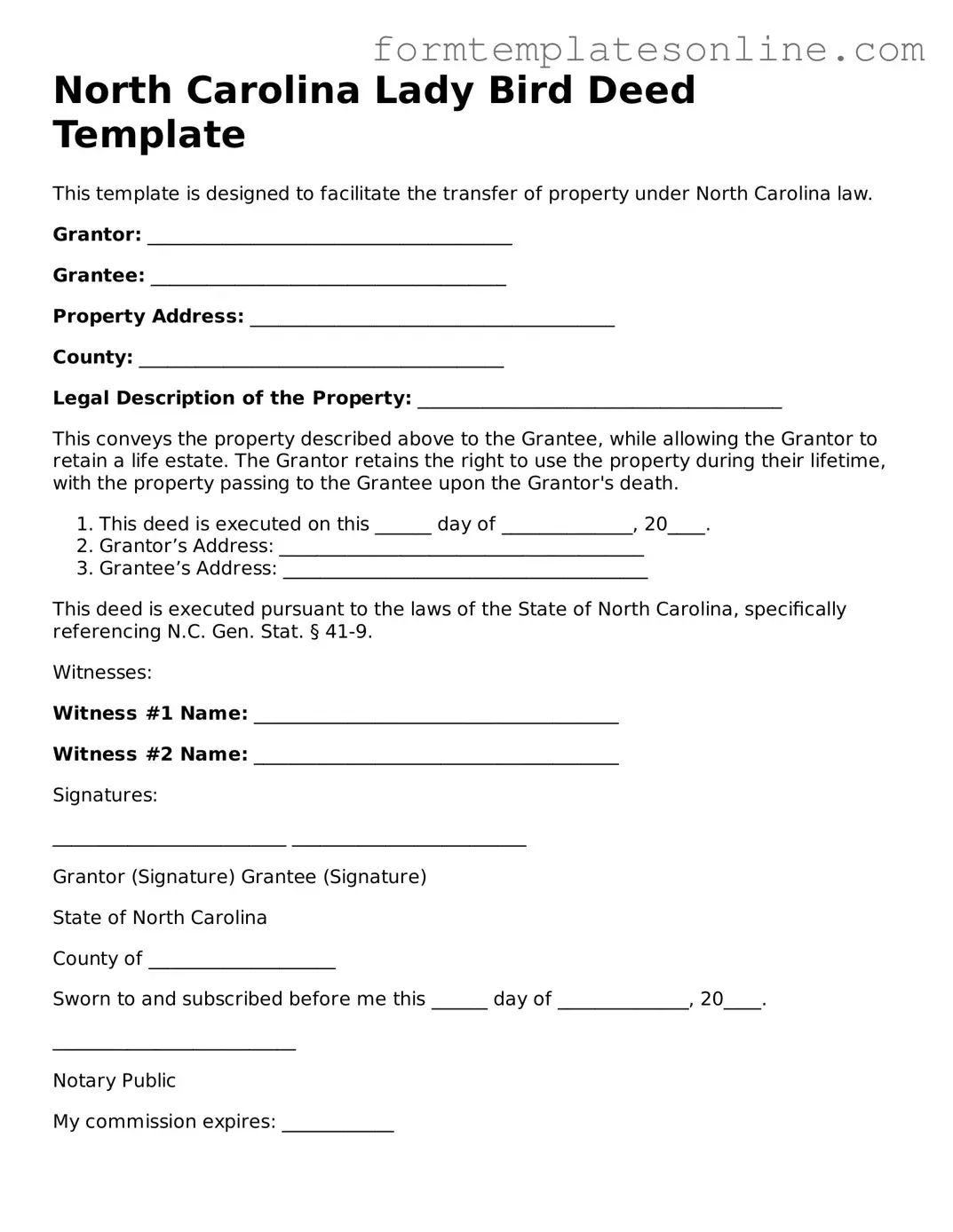 Valid  Lady Bird Deed Form for North Carolina