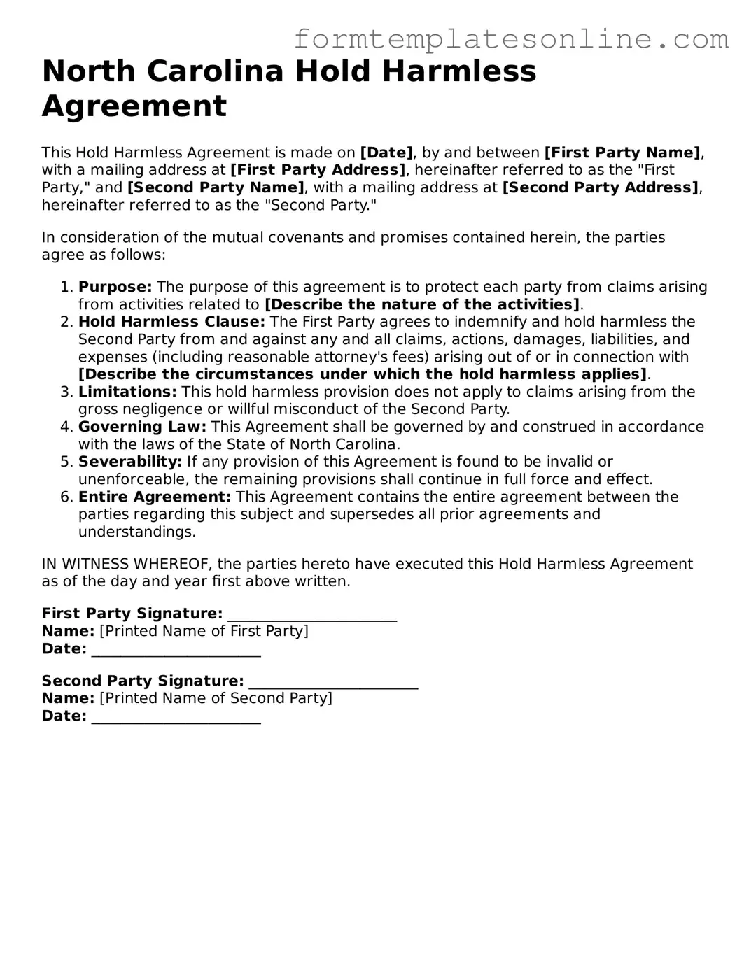 Valid  Hold Harmless Agreement Form for North Carolina