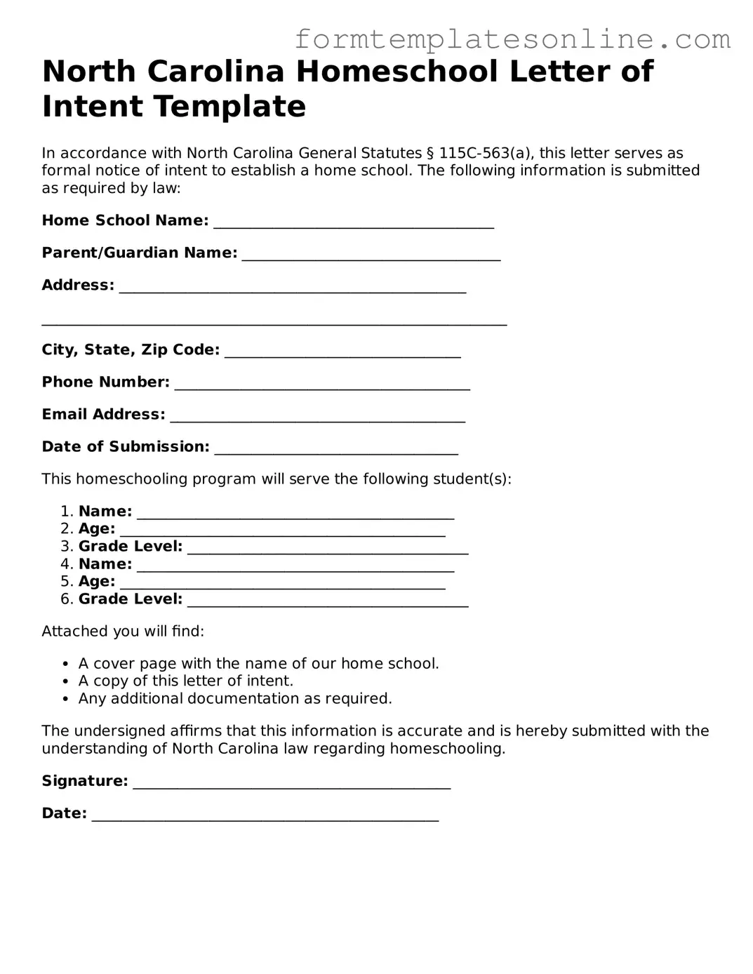 Valid  Homeschool Letter of Intent Form for North Carolina