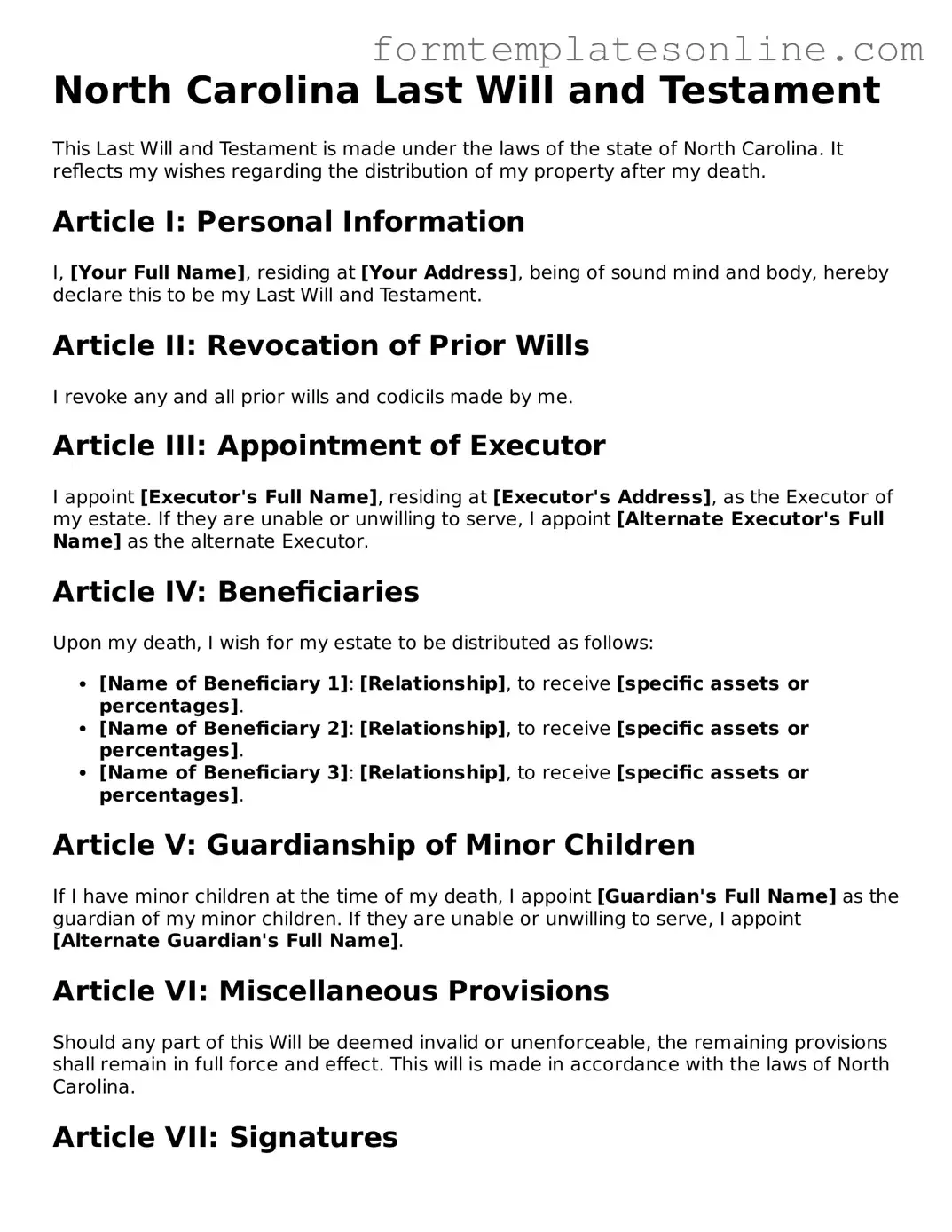Valid  Last Will and Testament Form for North Carolina