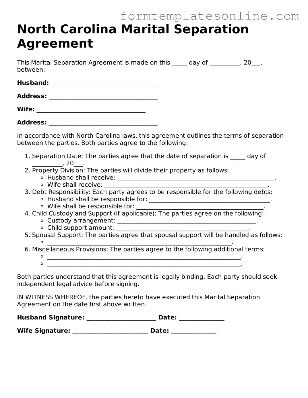 Valid  Marital Separation Agreement Form for North Carolina