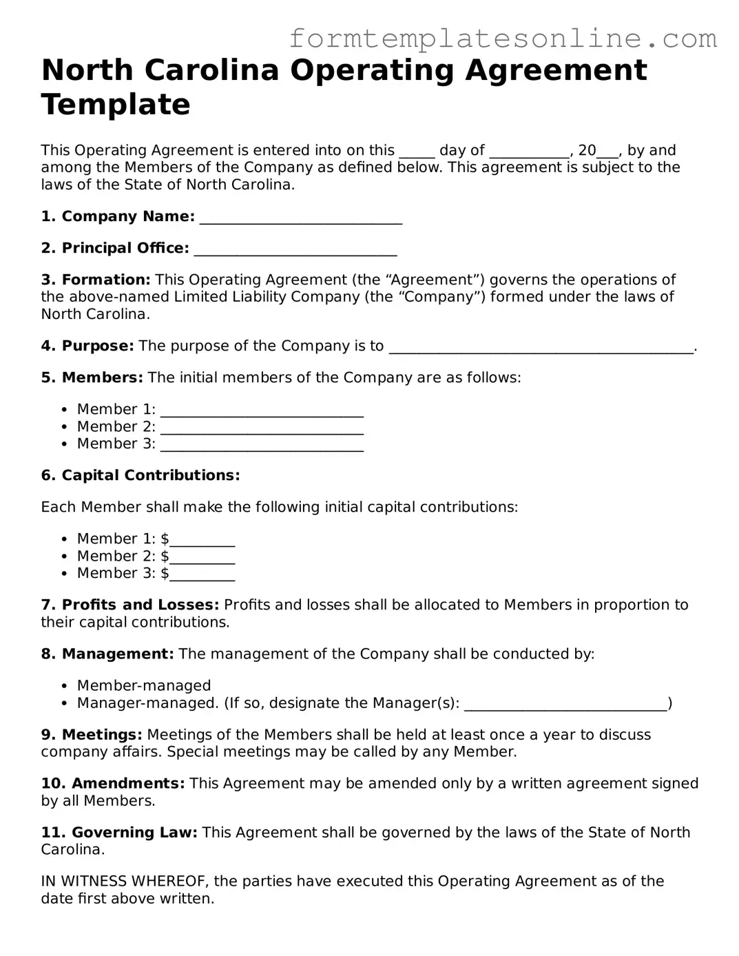 Valid  Operating Agreement Form for North Carolina