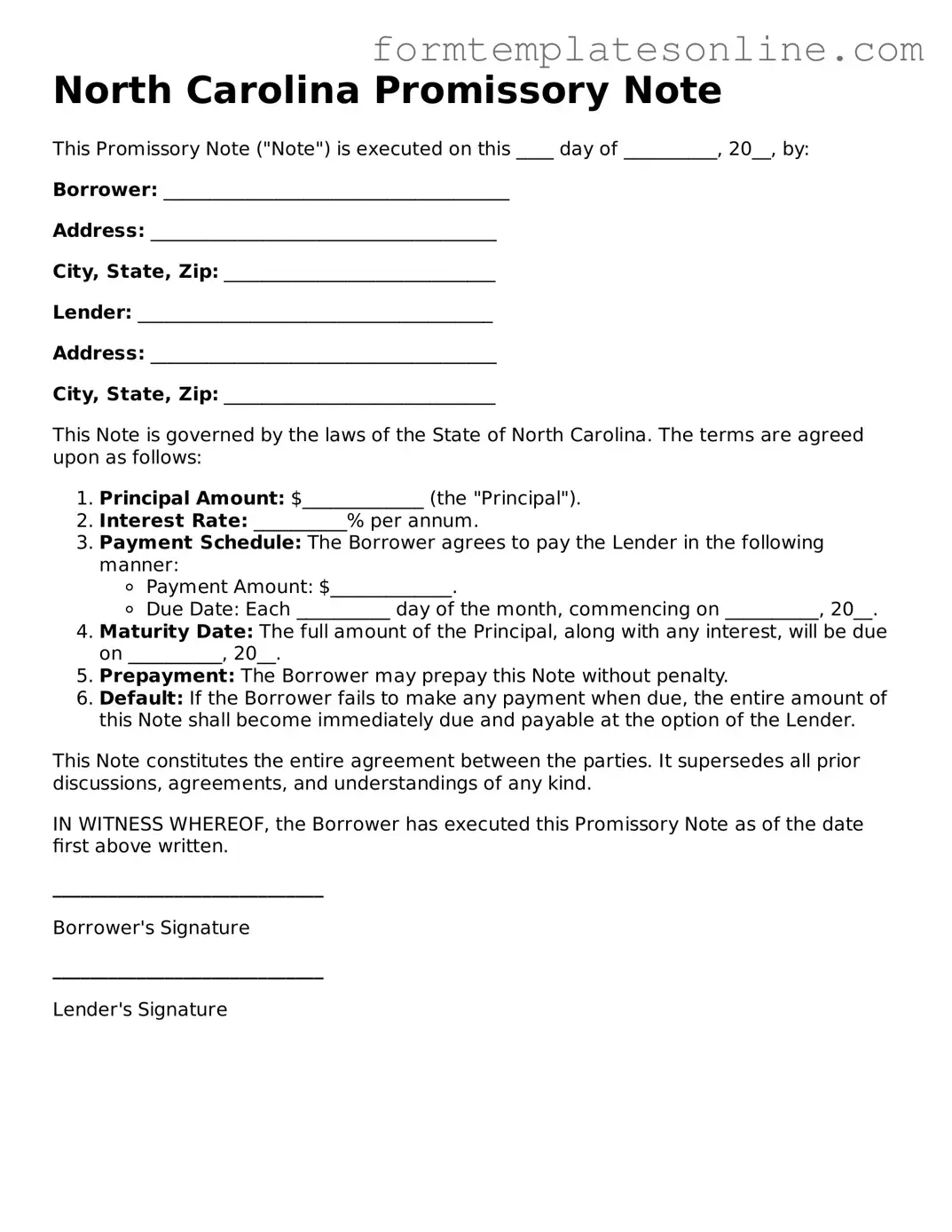 Valid  Promissory Note Form for North Carolina