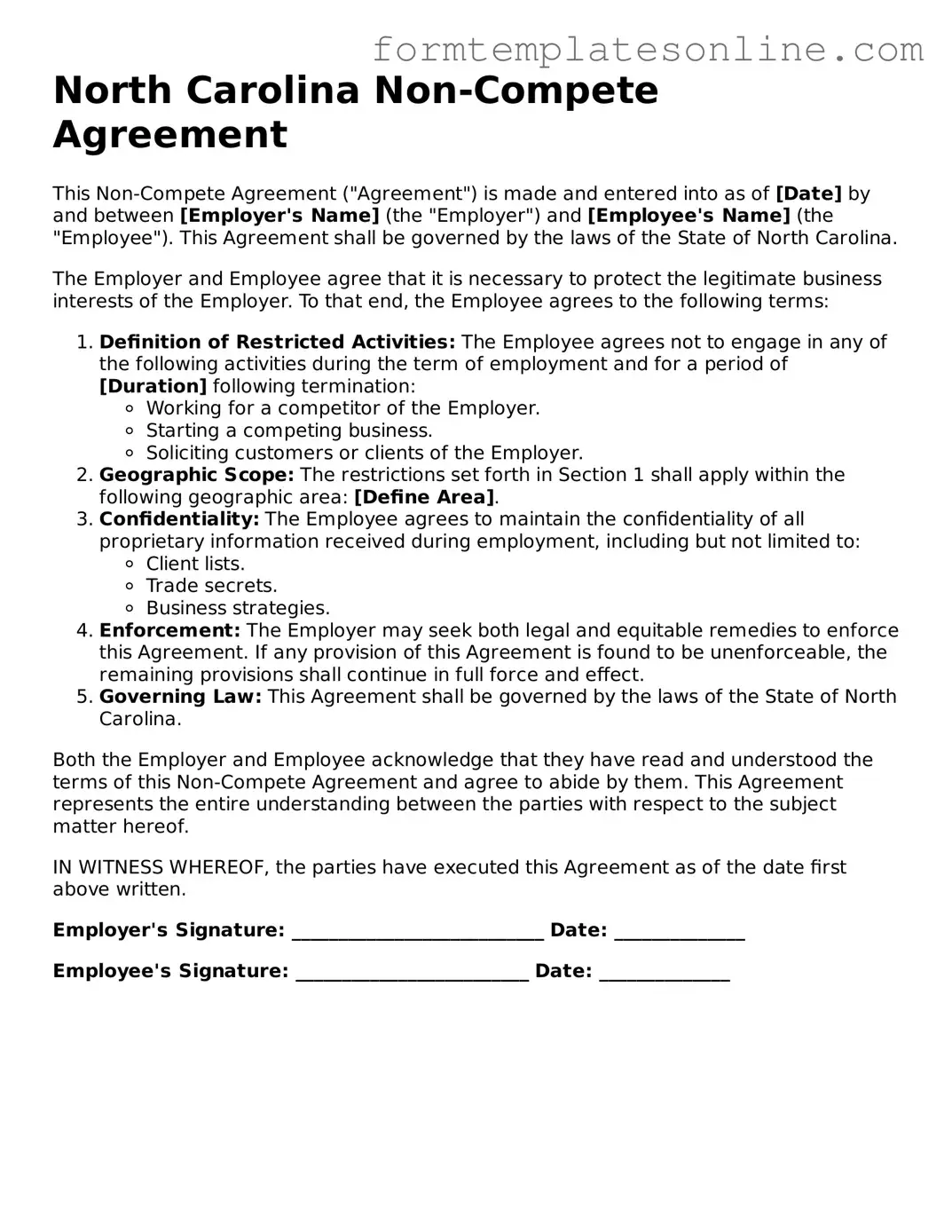 Valid  Non-compete Agreement Form for North Carolina