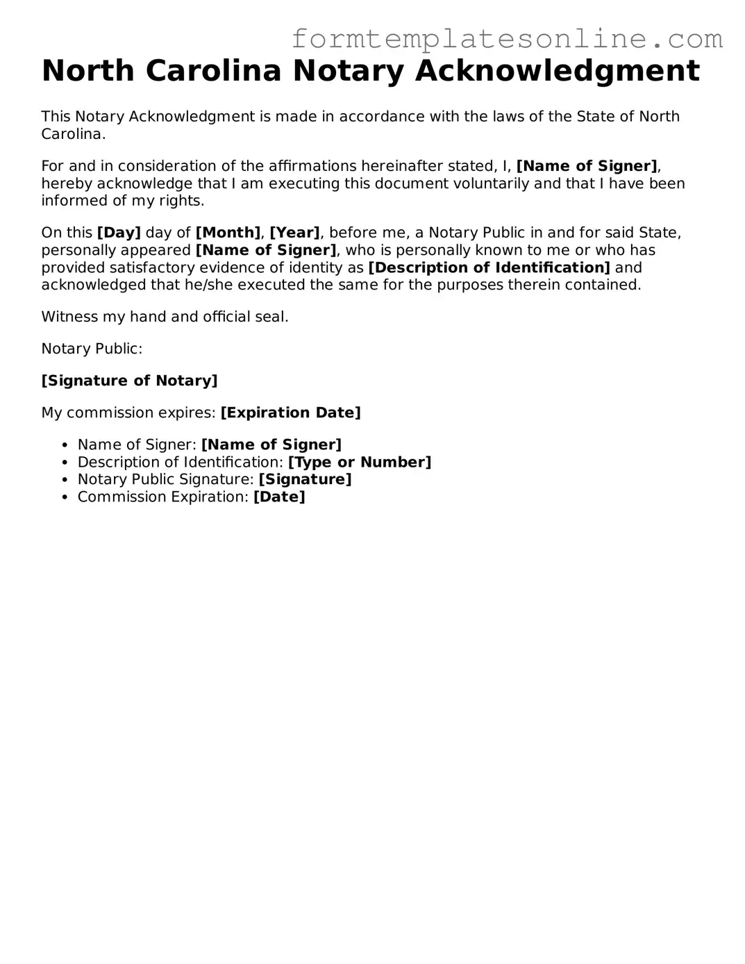 Valid  Notary Acknowledgement Form for North Carolina