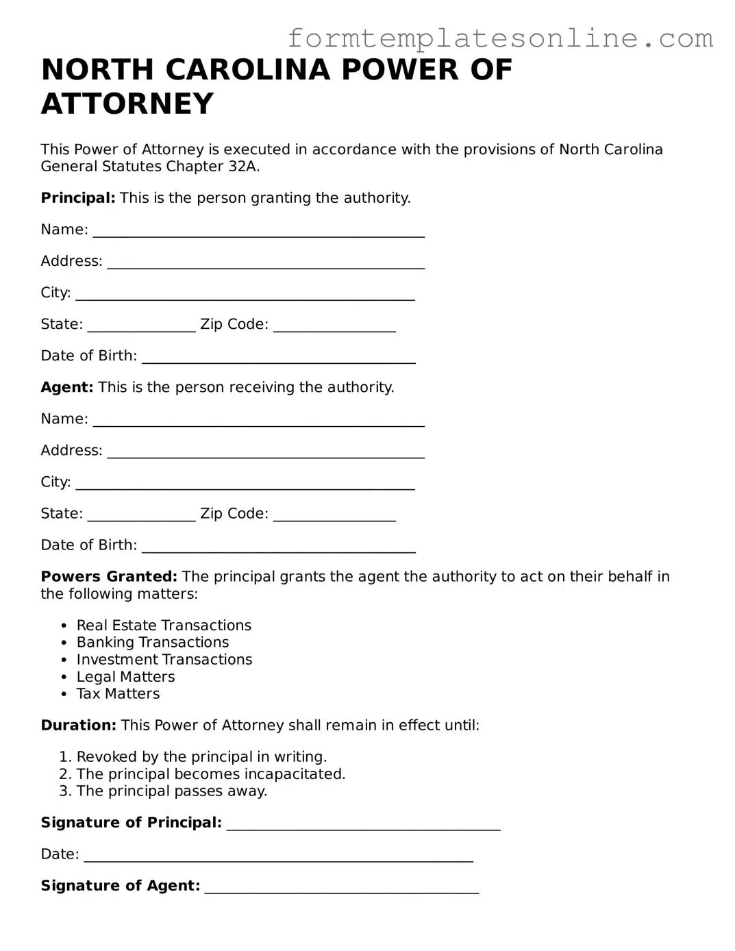 Valid  Power of Attorney Form for North Carolina
