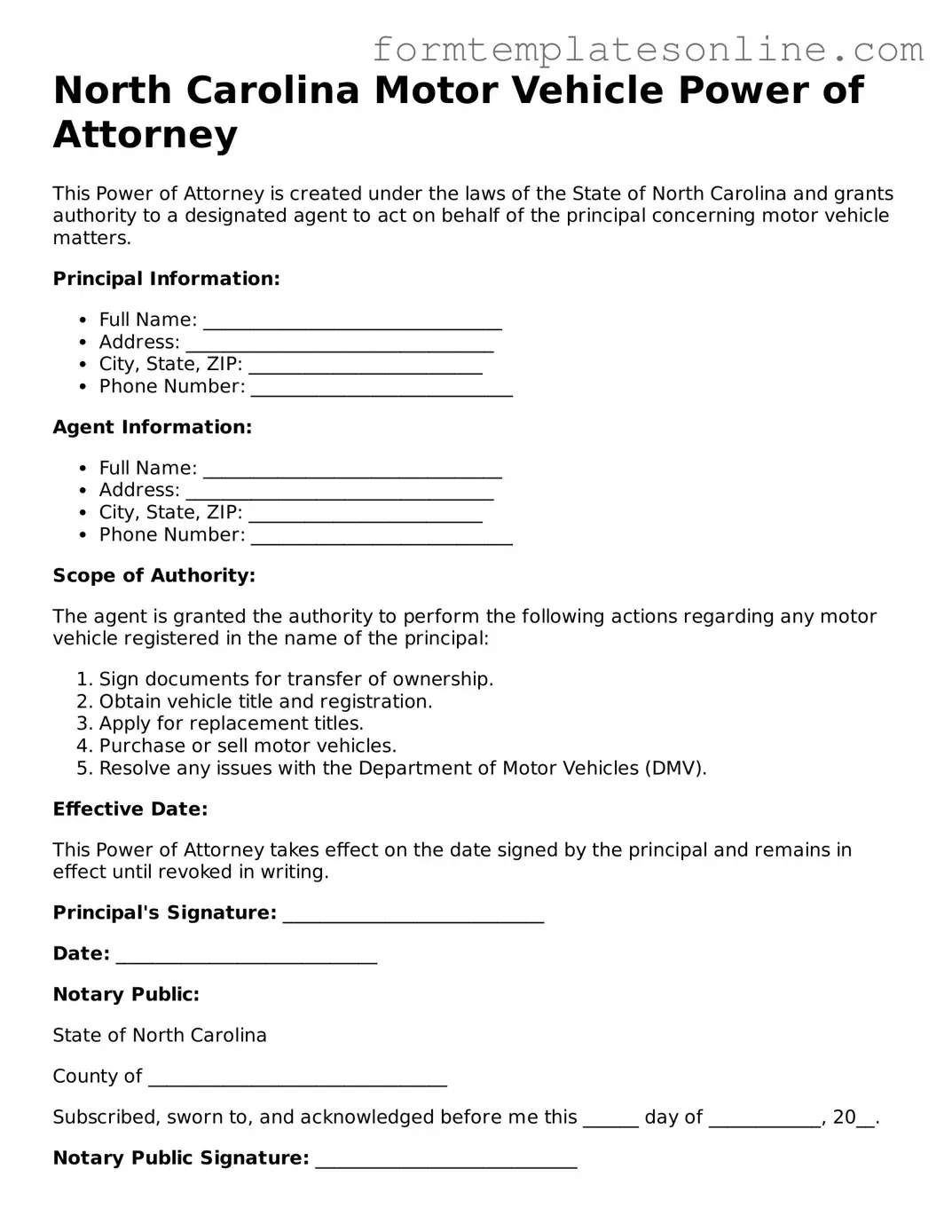 Valid  Motor Vehicle Power of Attorney Form for North Carolina