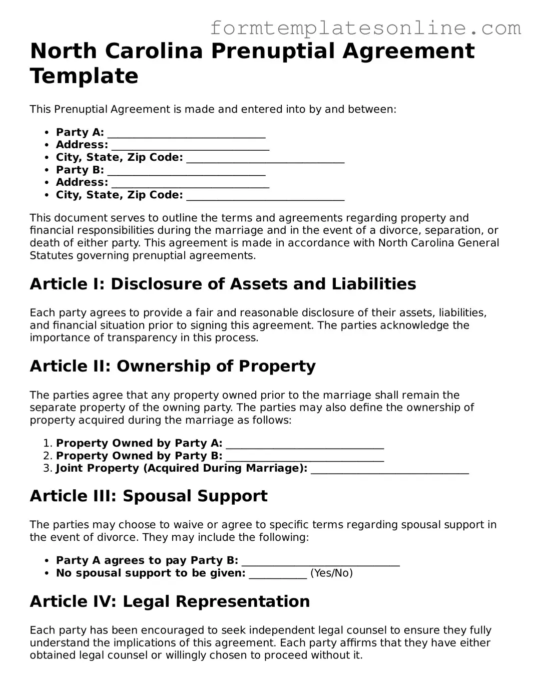 Valid  Prenuptial Agreement Form for North Carolina