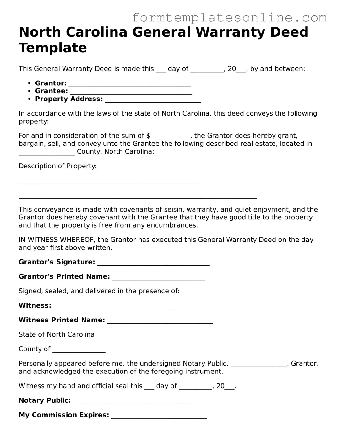 Valid  Deed Form for North Carolina