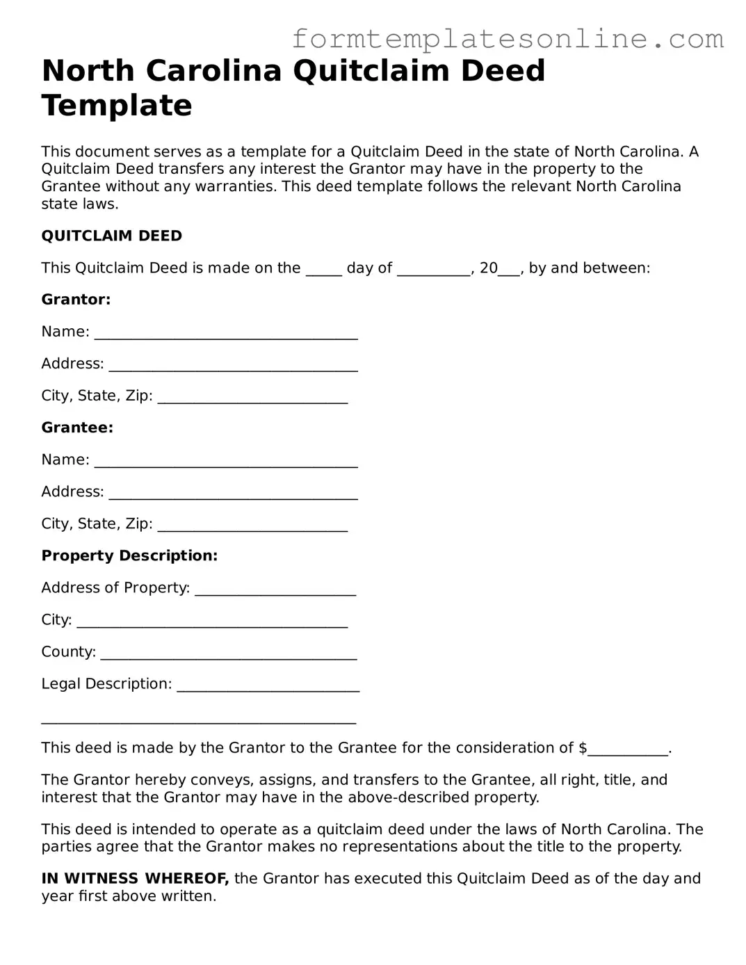 Valid  Quitclaim Deed Form for North Carolina
