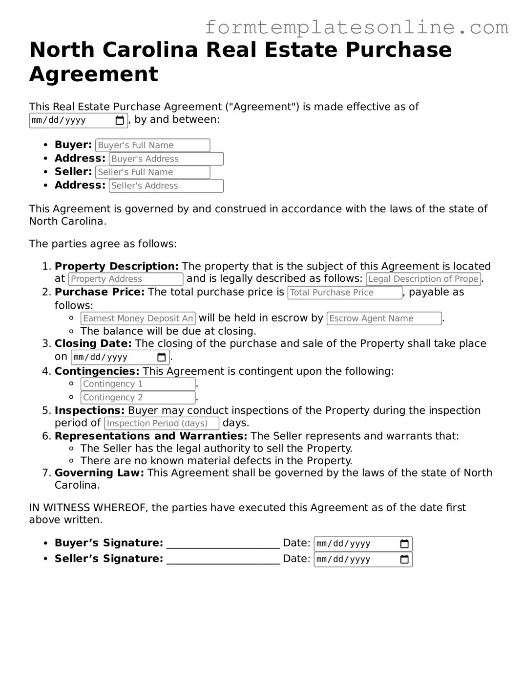 Valid  Real Estate Purchase Agreement Form for North Carolina