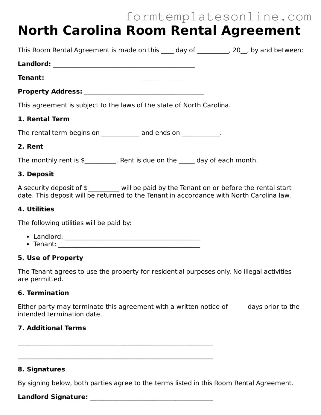 Valid  Room Rental Agreement Form for North Carolina