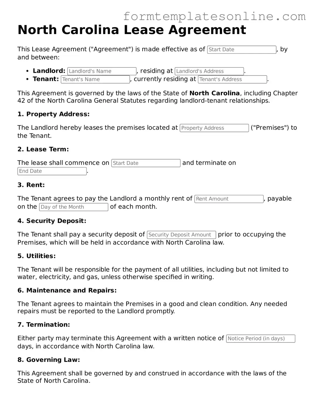 Valid  Lease Agreement Form for North Carolina
