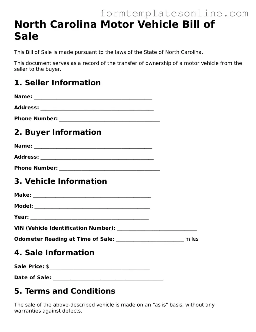 Valid  Motor Vehicle Bill of Sale Form for North Carolina
