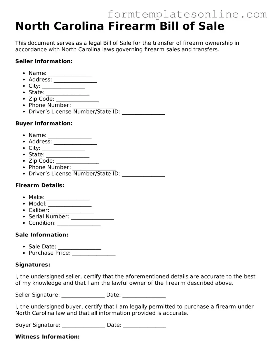 Valid  Firearm Bill of Sale Form for North Carolina