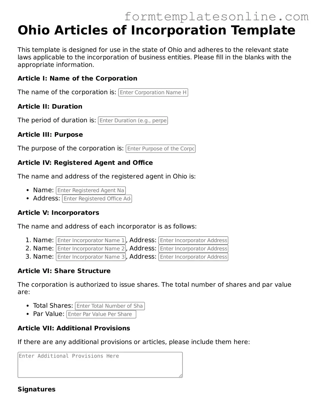 Valid Articles of Incorporation Form for Ohio