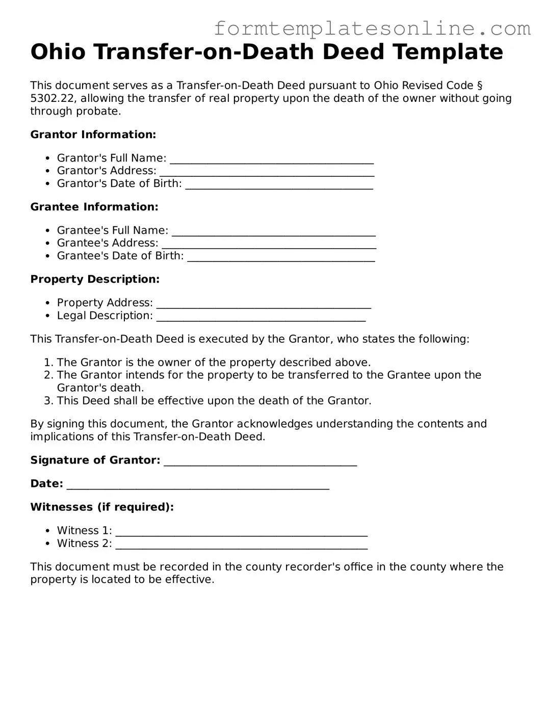 Valid  Transfer-on-Death Deed Form for Ohio