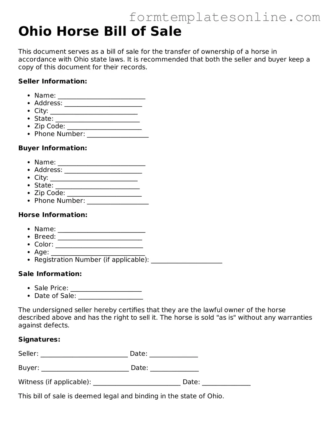 Valid  Horse Bill of Sale Form for Ohio