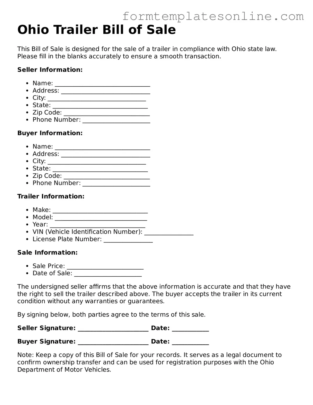Valid  Trailer Bill of Sale Form for Ohio