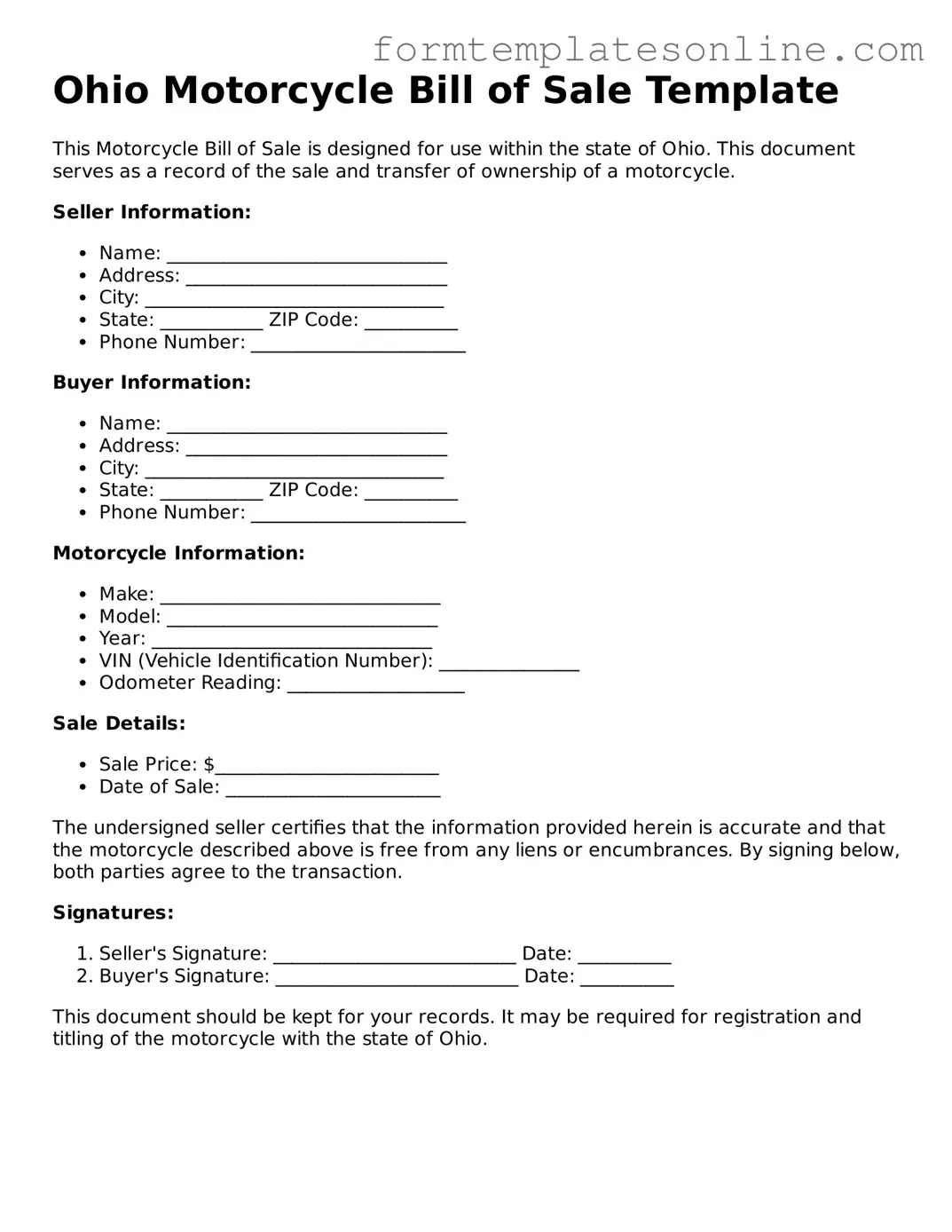 Valid  Motorcycle Bill of Sale Form for Ohio