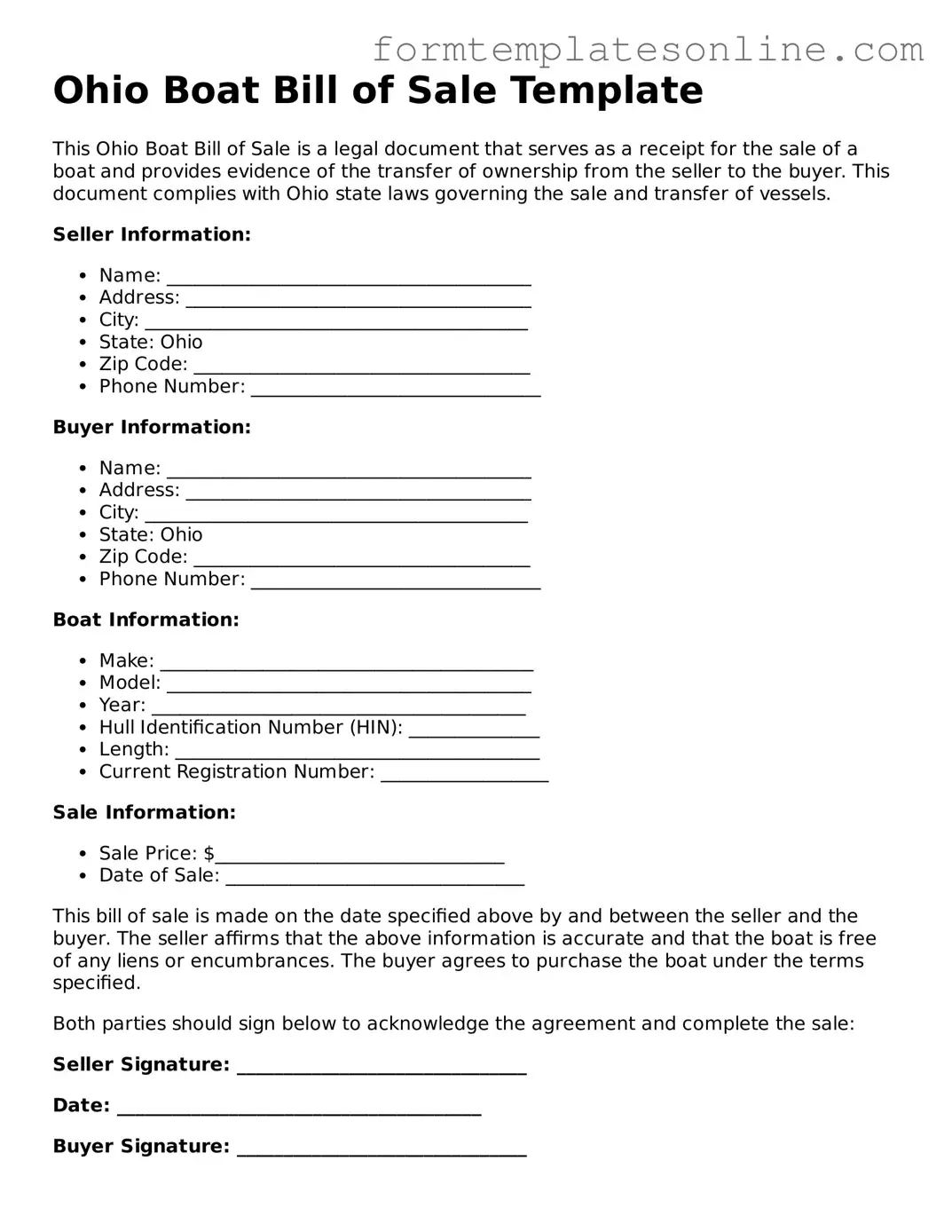 Valid  Boat Bill of Sale Form for Ohio