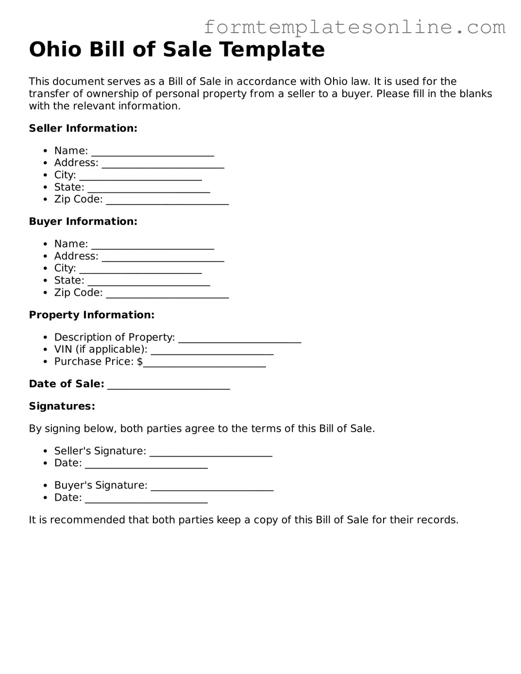 Valid  Bill of Sale Form for Ohio