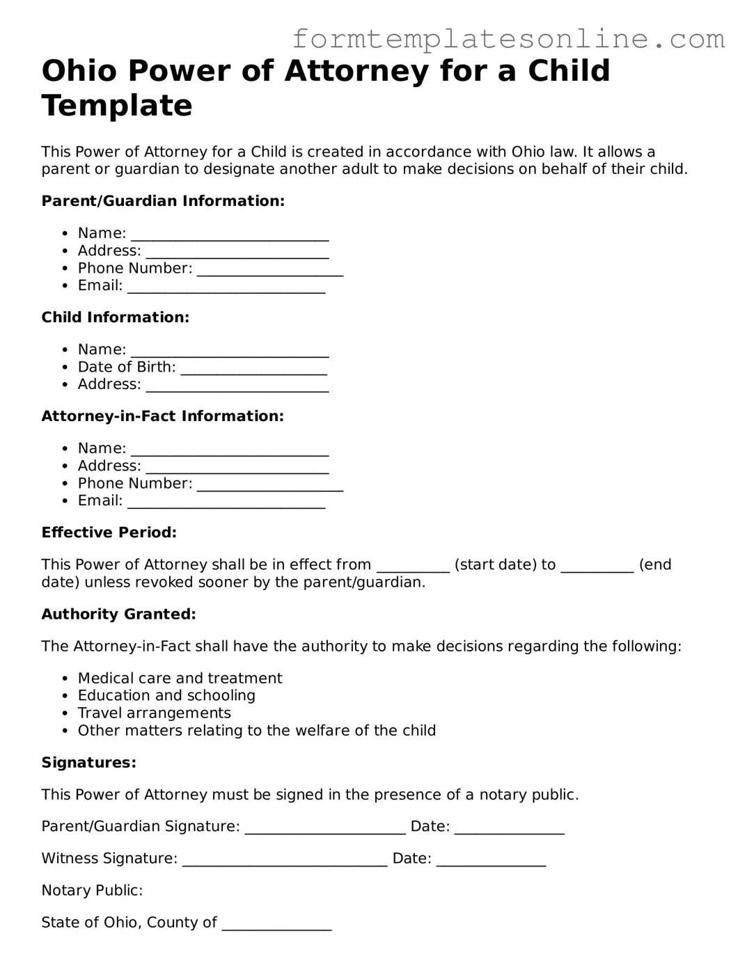 Valid  Power of Attorney for a Child Form for Ohio